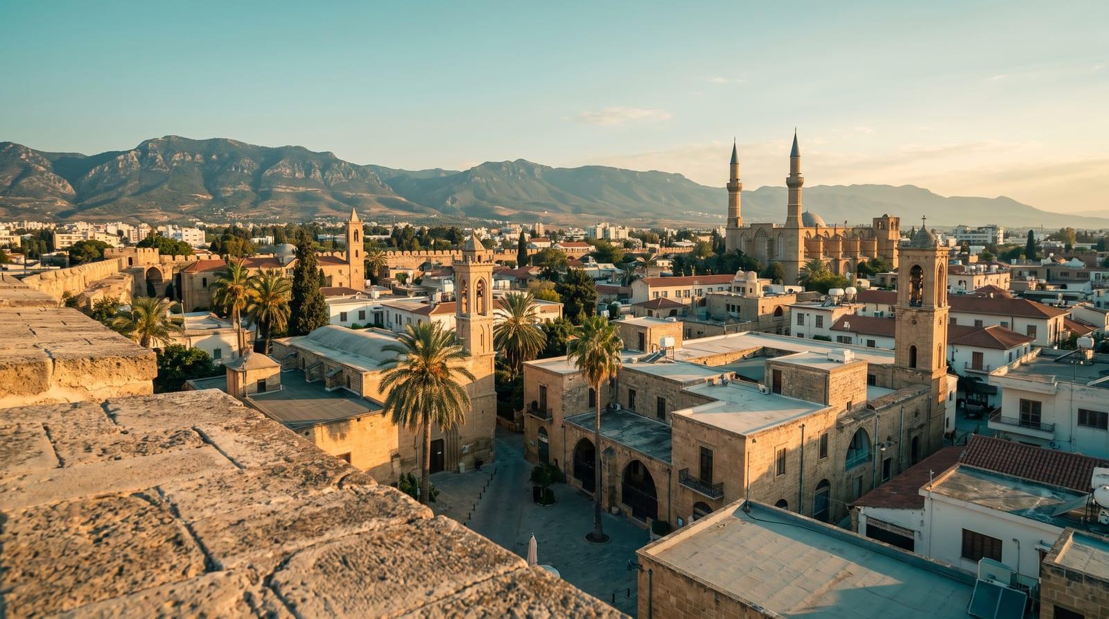 Panorama rozdělené Nikósie s minarety, zvonicemi a pohořím Kyrenia na obzoru