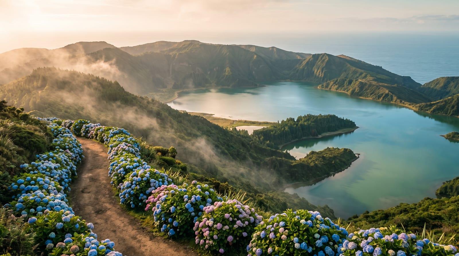 Dvojité kráterové jezero Sete Cidades s modrou a zelenou hladinou a hortenziemi na svahu, pohled z vyhlídky na São Miguel