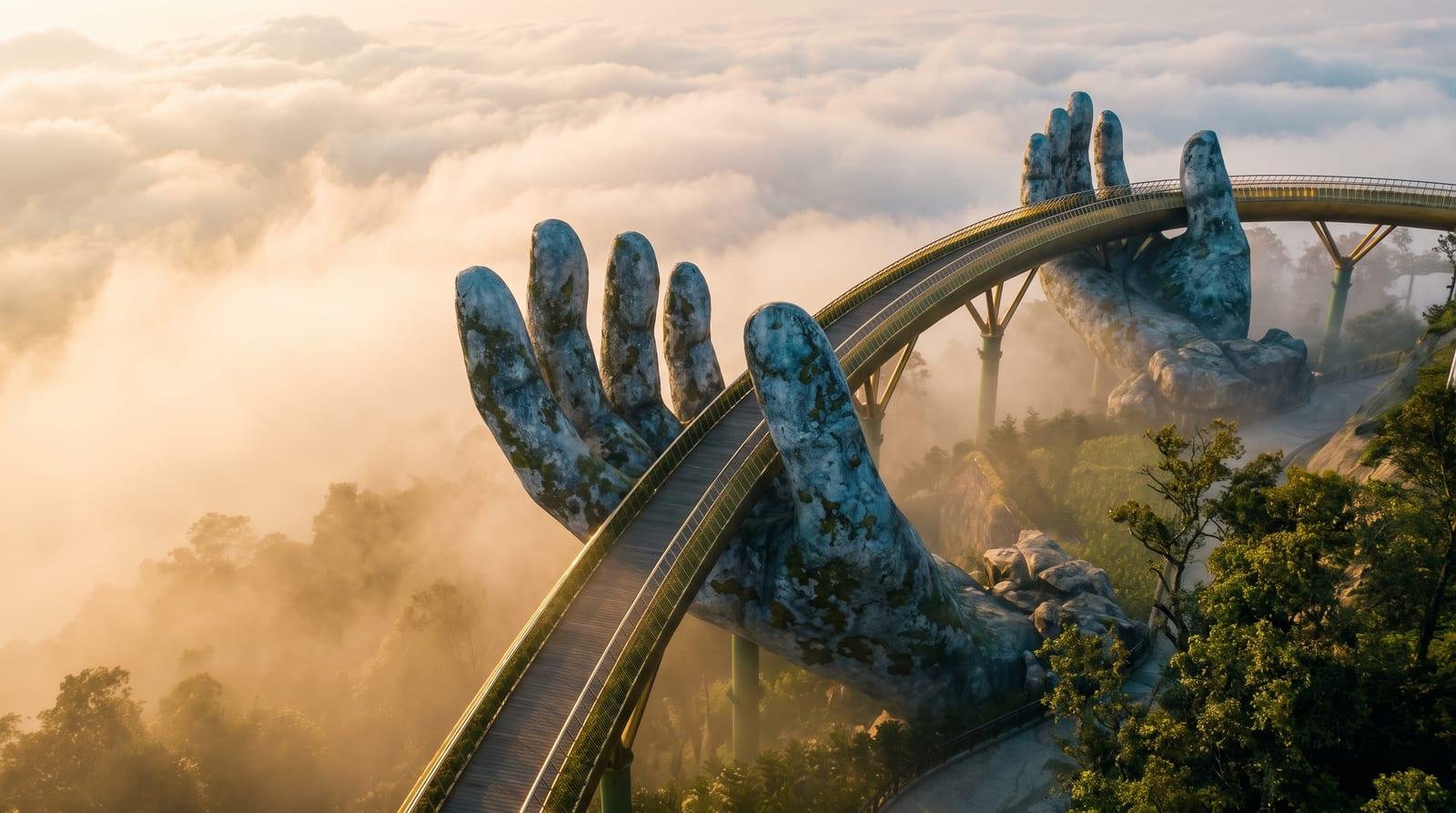 Golden Bridge nesený dvěma obřími kamennými dlaněmi nad mlžnými horami Ba Na Hills u Da Nangu