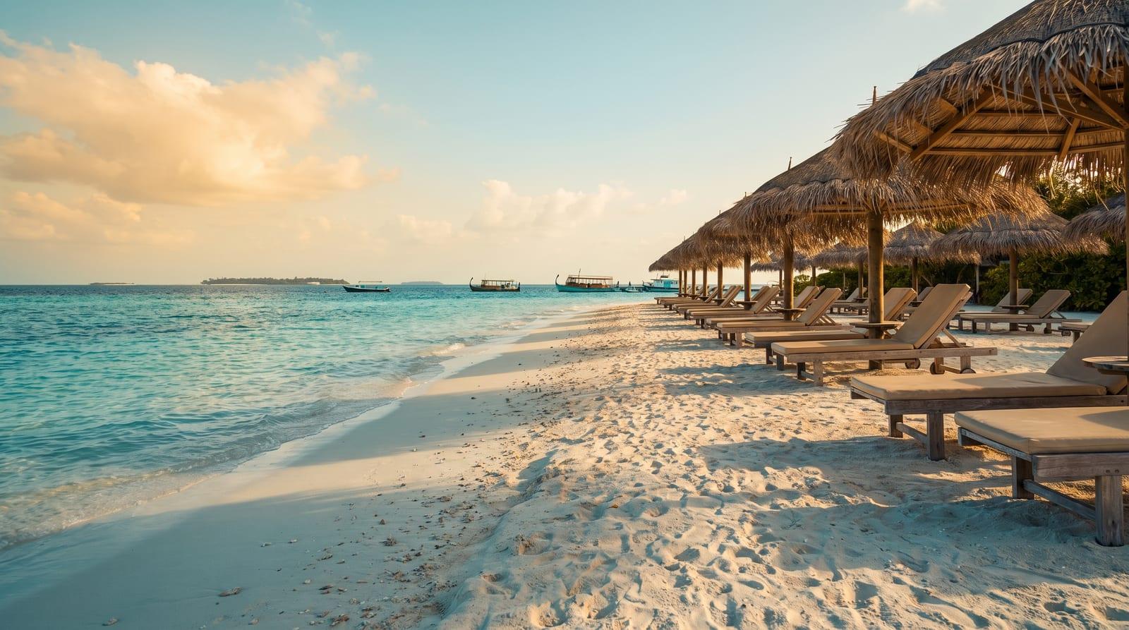 Bílá písečná pláž s tyrkysovou vodou a řadou lehátek na vyhrazené bikini pláži ostrova Maafushi