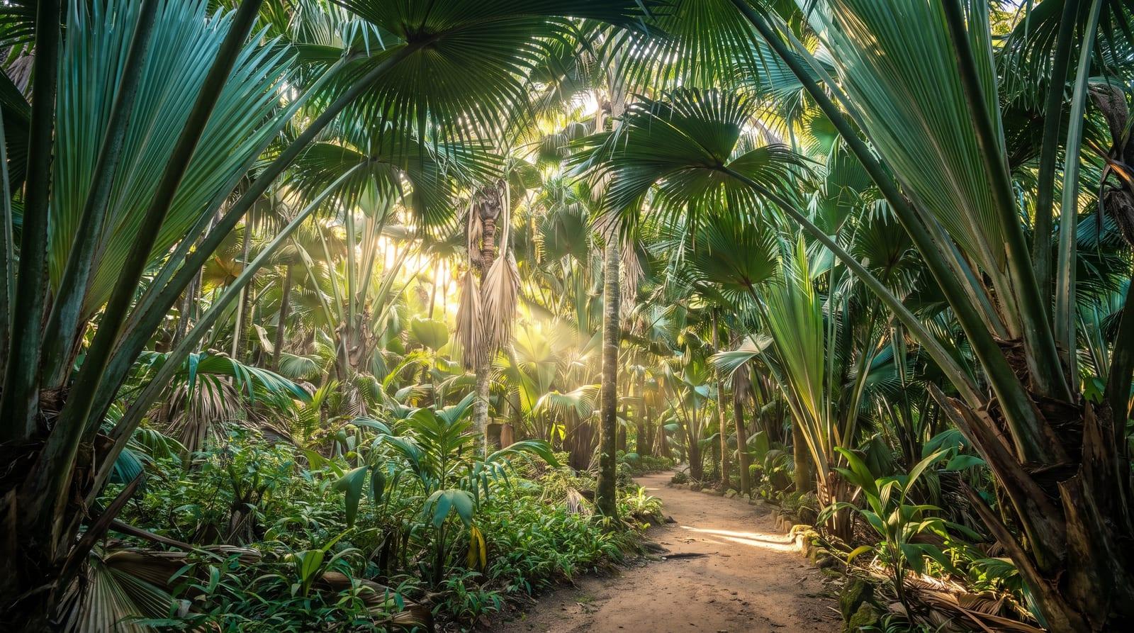 Vějířovité listy vzácných palem coco de mer nad stinnou lesní pěšinou ve Vallée de Mai.