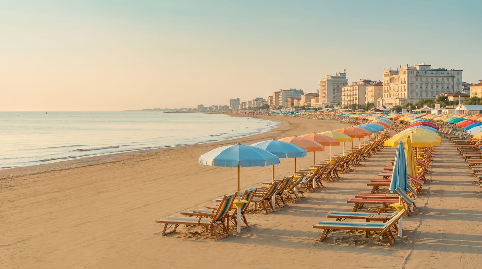 Dlouhá písečná pláž v Rimini s řadami slunečníků
