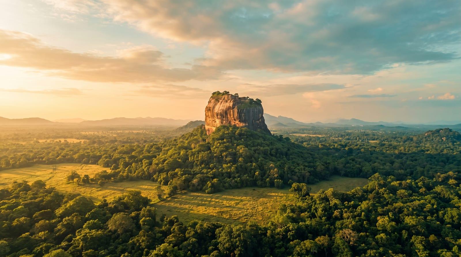 Skalní pevnost Sigiriya tyčící se nad zelenou džunglí kulturního trojúhelníku Srí Lanky