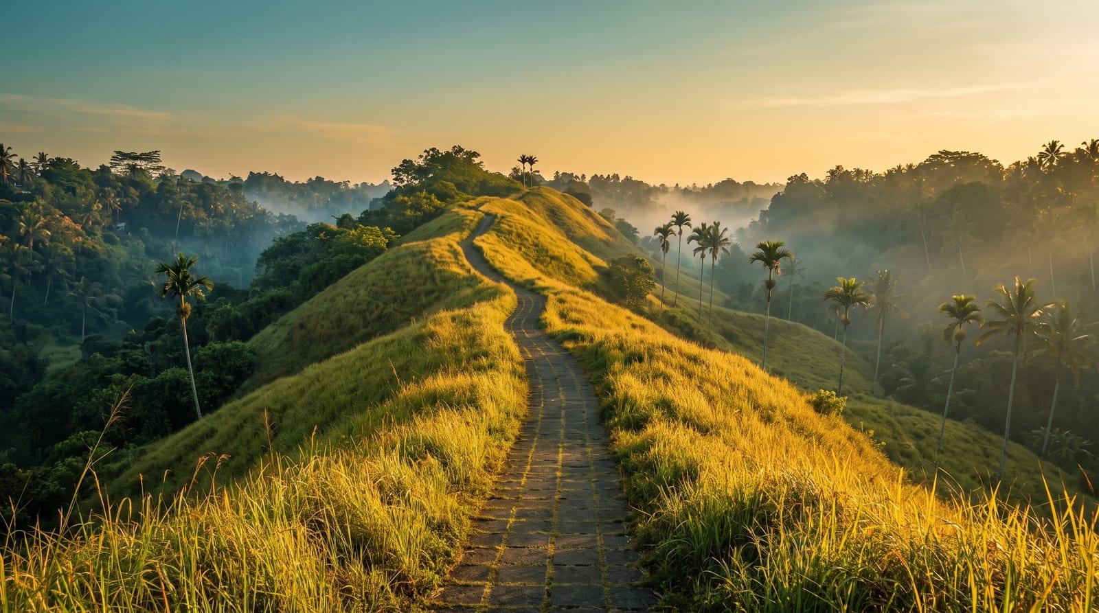 Zvlněné travnaté kopce podél stezky Campuhan Ridge Walk u Ubudu na Bali